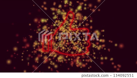 Pulsating red neon thumbs-up outline in maroon digital space, showing glowing golden particles 134092551