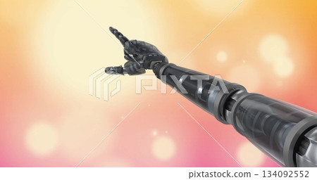 Extending robotic prosthetic arm diagonally over pastel gradient, with pistons and servo motors 134092552