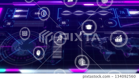Displaying cluster of floating circular icons glowing over virtual dashboard, with analytics theme Displaying cluster of floating circular icons glowing over virtual dashboard, with analytics theme 134092560