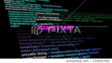 Displaying neon pink-purple GAME START glowing on computer screen at angle, with code snippets Displaying neon pink-purple GAME START glowing on computer screen at angle, with code snippets 134092569
