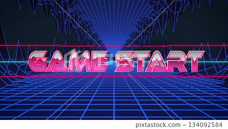 Image of retro neon Game Start text over grid pattern with geometric shapes 134092584