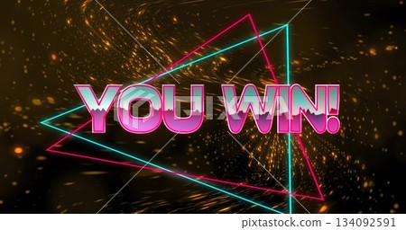 Image of You Win! text with neon triangles on sparkling golden background 134092591