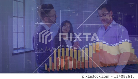 Discussing team analyzing 3D bar and line graphs in office meeting with coffee cup and eyeglasses 134092613