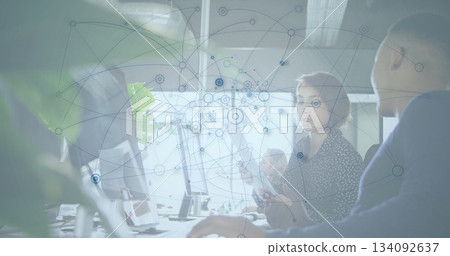 Network of connections and data processing image over people working in office 134092637