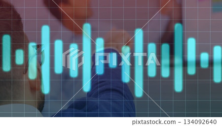 Raising hand man in blue blazer in conference room with turquoise waveform grid overlay, copy space 134092640