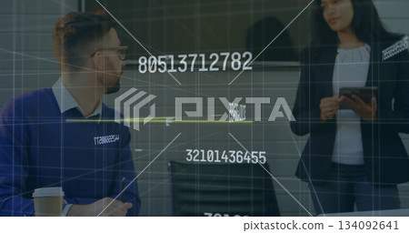 Analyzing data overlay, professionals discussing connections in conference room with tablet and cup Analyzing data overlay, professionals discussing connections in conference room with tablet and cup 134092641