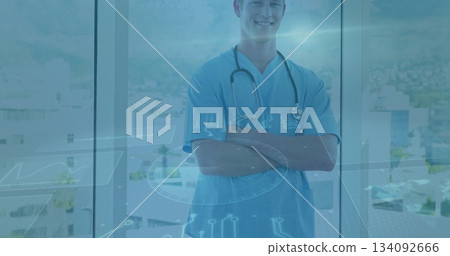 Healthcare professional with stethoscope smiling over digital medical interface image 134092666