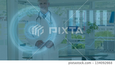 In modern office, doctor in white coat using digital medical image interface In modern office, doctor in white coat using digital medical image interface 134092668