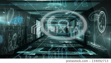 Walking human silhouette navigating futuristic corridor, with holographic panels and streaming code Walking human silhouette navigating futuristic corridor, with holographic panels and streaming code 134092713