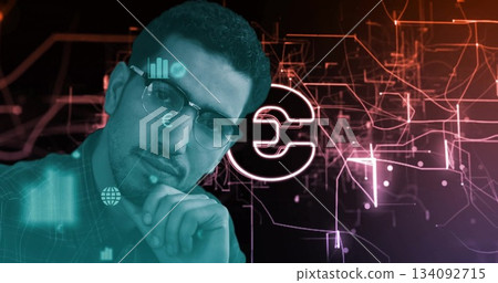 Resting chin on hand analyst wearing shirt, round glasses in virtual control room, with euro symbol Resting chin on hand analyst wearing shirt, round glasses in virtual control room, with euro symbol 134092715