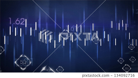 Large glowing 5G diamond icon streaming data in digital interface, with signal bars and numbers Large glowing 5G diamond icon streaming data in digital interface, with signal bars and numbers 134092716