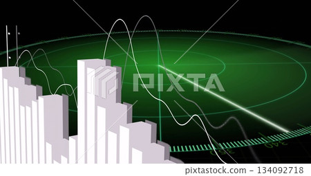 Displaying circular green radar grid with sweeping beam on display, with bar charts and sine waves 134092718
