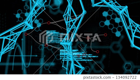 Displaying cyan tubular network in virtual cyberspace, with red nodes, linking lines and blue code Displaying cyan tubular network in virtual cyberspace, with red nodes, linking lines and blue code 134092722