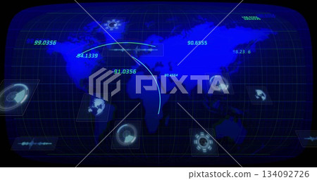 Displaying graphical interface with world map, numeric labels on grid and curved arcs on dashboard Displaying graphical interface with world map, numeric labels on grid and curved arcs on dashboard 134092726