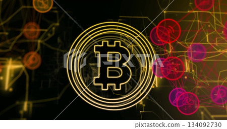 Glowing golden Bitcoin symbol shining in digital network, with circuit lines and node circles 134092730