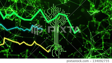 Displaying circuit-tree graphic connecting network nodes in digital grid, with neon line graphs Displaying circuit-tree graphic connecting network nodes in digital grid, with neon line graphs 134092735