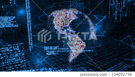 Rotating red and white points forming 3D globe over dark-blue grid, with light rings, code snippets Rotating red and white points forming 3D globe over dark-blue grid, with light rings, code snippets 134092736