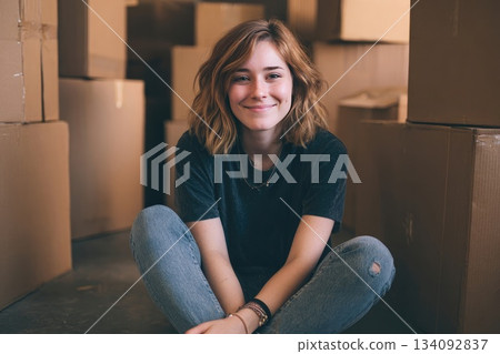 Young woman smiling while moving into new home 134092837