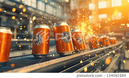 3D Illustration of aluminium cans. Streamlined factory line for drink can production. AI Generated. 3D Illustration of aluminium cans. Streamlined factory line for drink can production. AI Generated. 134092884