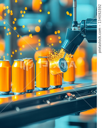 Streamlined industrial workflow for canning. Technological precision in manufacturing. 3D Illustrations. AI Generated. 134092892