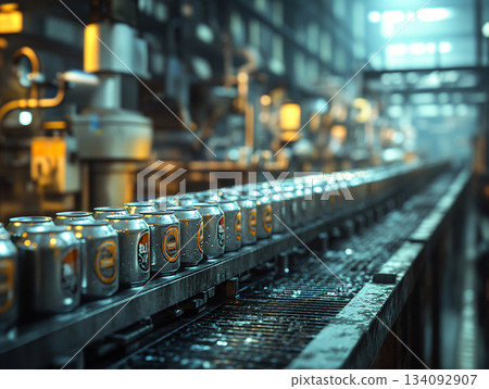 Automatic beverage production line filled with aluminum cans lined up on a conveyor belt. AI Generated. 134092907