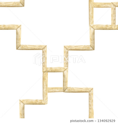 Wooden stairs abstract watercolor seamless pattern on white. Beige steps or shelves hand drawn repeat background. Simple maze of ladders 134092929