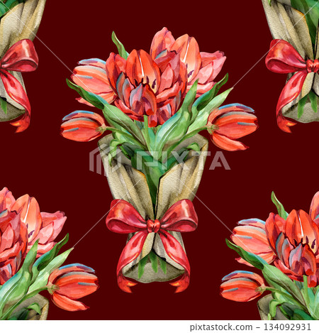 Bright seamless pattern with watercolor tulip bouquets tied with a red ribbon. A lively floral repeat ideal for fabric printing, gift wrap, scrapbooking, branding, surface design, and spring-themed 134092931