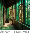 Retro wooden building corridor in the forest 134092944