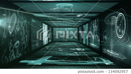 Displaying glowing silhouette engaging with holographic data in research corridor, with DNA helix 134092957