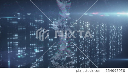 Floating holographic lattice structure pulsing in virtual server hall, with illuminated data panels 134092958