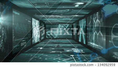 Displaying futuristic data corridor in virtual lab, glowing with holographic DNA models and graphs 134092959
