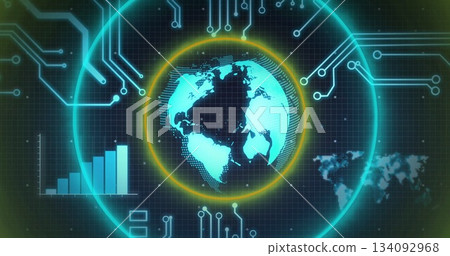 Displaying neon-blue Earth globe on virtual interface, with rings, grid and bar chart 134092968