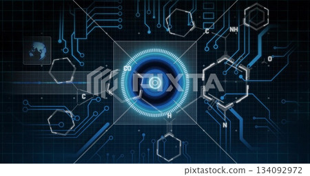 Displaying central holographic interface and molecular hexagons glowing in futuristic workspace Displaying central holographic interface and molecular hexagons glowing in futuristic workspace 134092972
