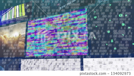 Displaying glitch screen with multicolor bands on dashboard, with bar chart and virus icons 134092973