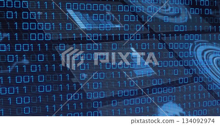 Displaying binary digits cascading across digital interface, with circuit traces and data vortex 134092974