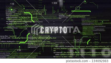 Shining white CRYPTO label hovering over interface, with neon circuit connectors and code fragments 134092983