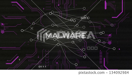 Displaying MALWARE label highlighting purple circuit traces in digital grid, with binary digits 134092984