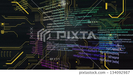 Displaying interface graphic on screen blending JavaScript HTML code and yellow circuit traces Displaying interface graphic on screen blending JavaScript HTML code and yellow circuit traces 134092987