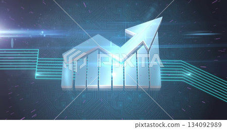 Displaying 3D chart rising under arrow in interface, with neon lines, circuit board, purple streaks 134092989