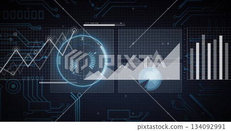 Displaying circular HUD element glowing on dark grid UI, with line graph, area chart, bar chart 134092991