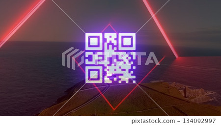 Floating purple-and-white QR code hovering over grassy cliff and winding path, neon red frames Floating purple-and-white QR code hovering over grassy cliff and winding path, neon red frames 134092997
