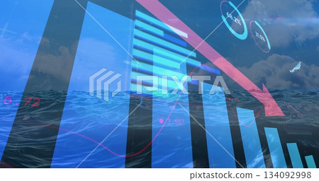 Displaying data visualization overlay merging sea waves with vertical bar chart and red arrow 134092998