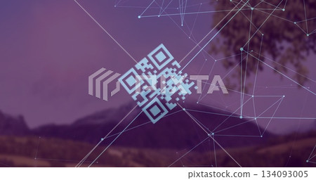 Floating QR code graphic hovering above mountain meadow, with light blue digital network overlay 134093005