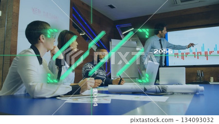 Pointing presenter wearing tie highlighting data graph on screen in meeting room, copy space 134093032