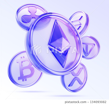 3d hologram glass cryptocurrency coins - ethereum, bitcoin, solana, toncoin and xrp ripple flying on purple background. Digital currency, altcoins, money tokens for crypto exchange. 3D illustration 3d hologram glass cryptocurrency coins - ethereum, bitcoin, solana, toncoin and xrp ripple flying on purple background. Digital currency, altcoins, money tokens for crypto exchange. 3D illustration 134093082