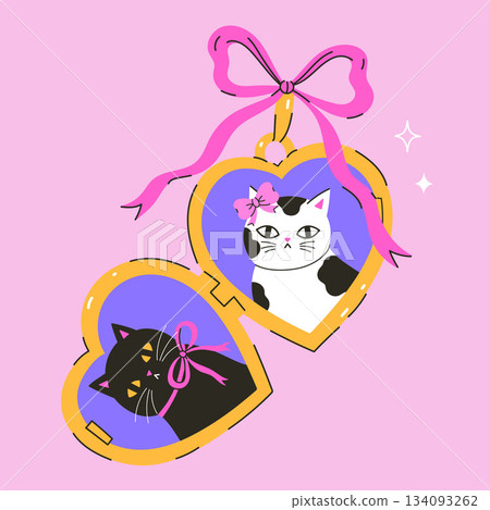 Open heart-shaped locket with cats. Vector graphics 134093262