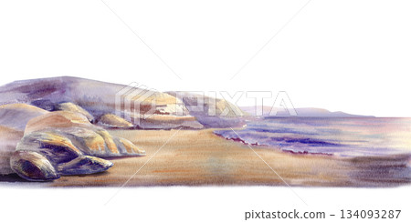 Coastal scene with foreground boulders,midground stones,wet sand,a distant shoreline.Illustration in soft watercolor washes,peaceful landscape for travel branding,nature blogs,serene wall art Coastal scene with foreground boulders,midground stones,wet sand,a distant shoreline.Illustration in soft watercolor washes,peaceful landscape for travel branding,nature blogs,serene wall art 134093287