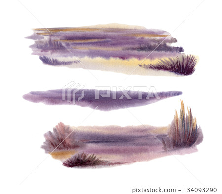 Dusky coastal or desert landscape where sand meets dry grass,cast in deep violet shadows.Hand drawn illustration with watercolor gradients,for travel themes,nature blogs,and evocative wall decor 134093290