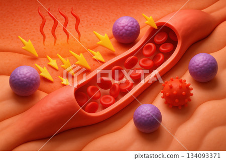 Biomedical illustration of acute inflammation with signaling and vessel dilation. Immune cell recruitment showing red blood cell flow in an artery for medical background concept 134093371