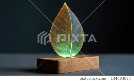 Minimalist leaf-shaped LED lamp on a wooden base, modern eco-design, accent light 134093653
